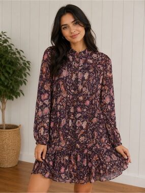 Olivaceous Purple Floral Dress with Pink & Gold Accents. With Gold Rose Buttons